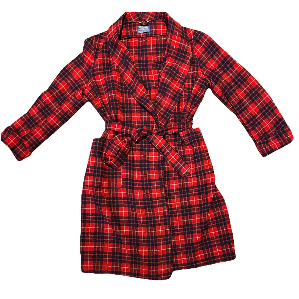 Vintage Pendleton Coat Womens Medium Red Plaid 100% Wool Belted Robe